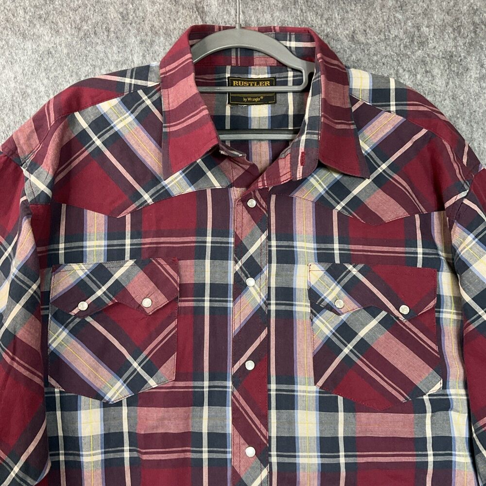 Wrangler Western Shirt Mens 2XL XXL Red Plaid Pearl Snap Cowboy Rodeo Rustler